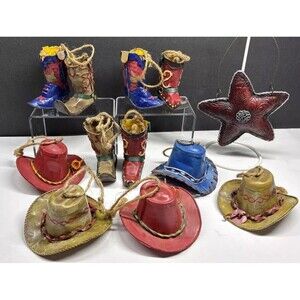 Lot of 12 Metal Western Cowboy Cowgirl Country Christmas Ornaments Boots Hat